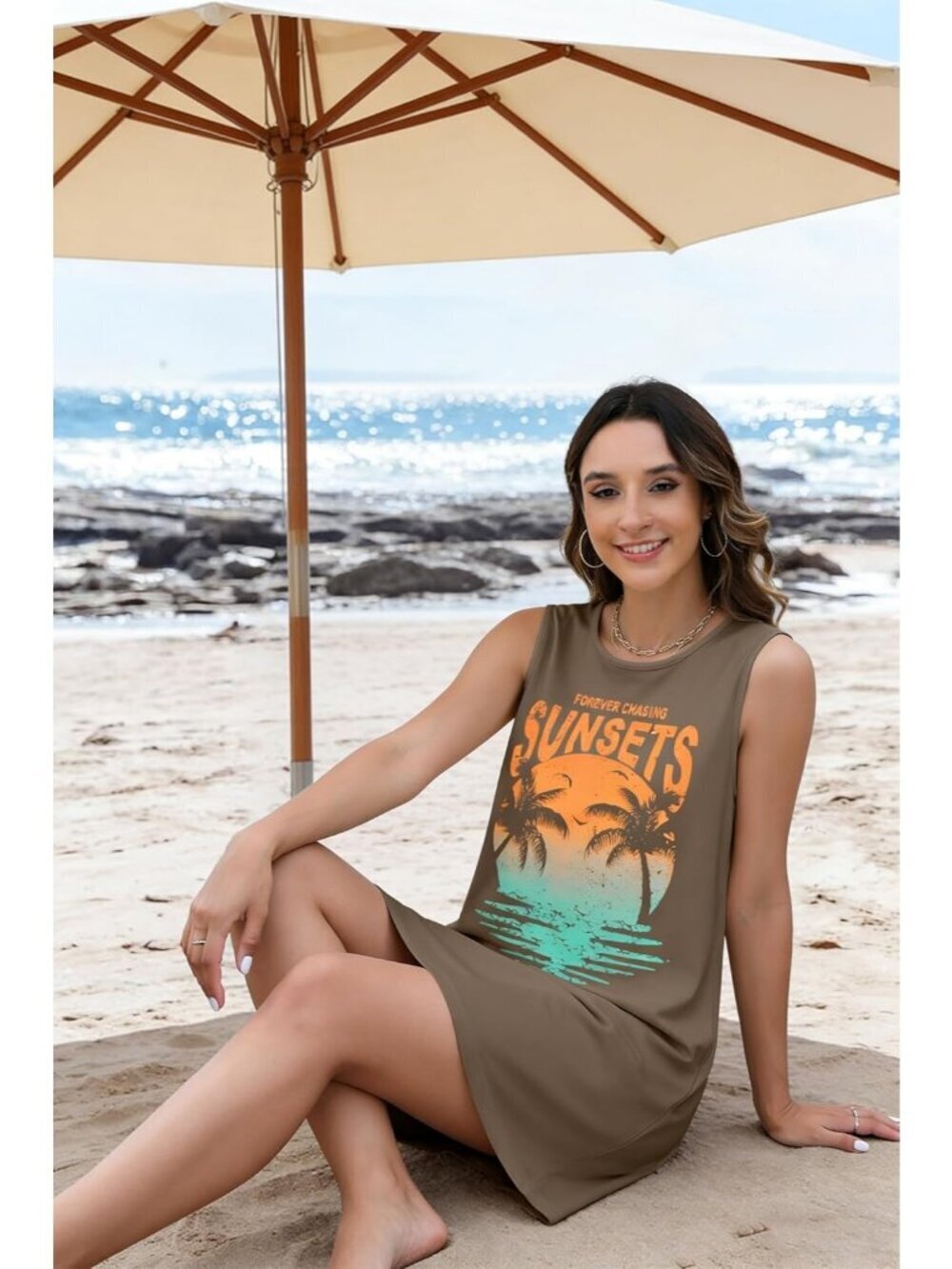 Women's Brown Stylish Sleeveless Beach Vacation Sundress Short Tank Mini Dress - Picture 5 of 6